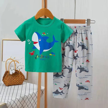 012 Boy/Girl Green Shark Print Half Sleeves T-shirt With Printed Trouser