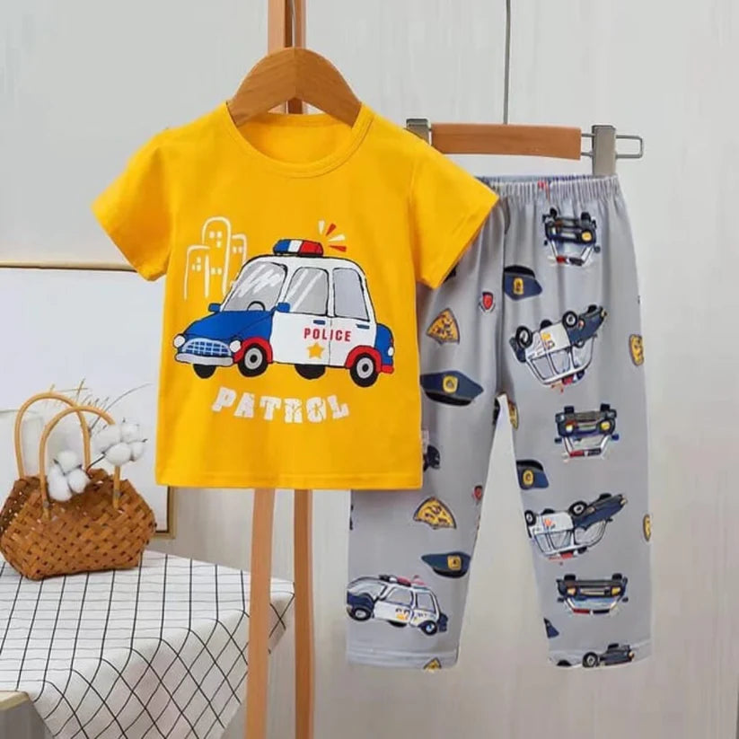 Baby/Baba Yellow Car Print Half Sleeves T-shirt With Printed Trouser