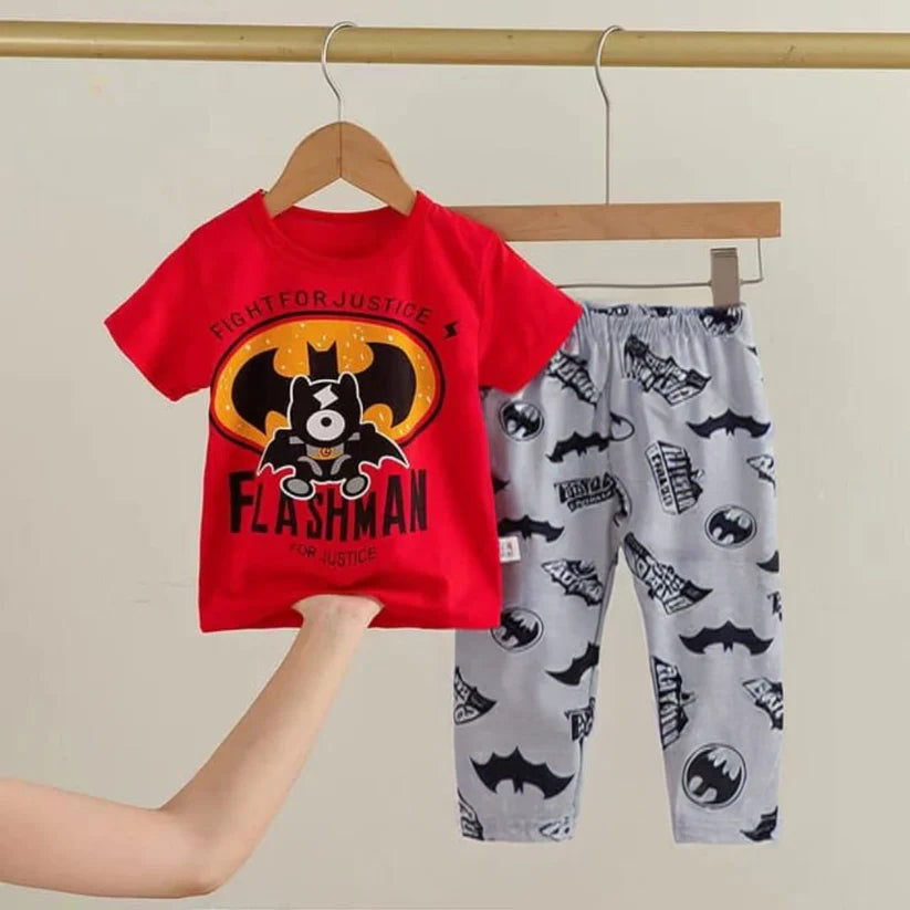 Baby/Baba Red Bat Printed Print Half Sleeves T-shirt With Printed Trouser