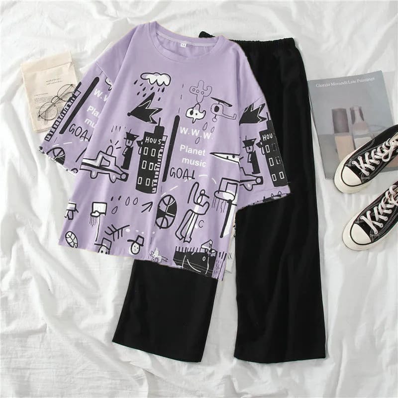 004 Purple Funky Print T-Shirt With Plain Black Trouser