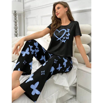 006 Black Hearts Printed T-shirt Half Sleeves With Butterfly Printed Trouser