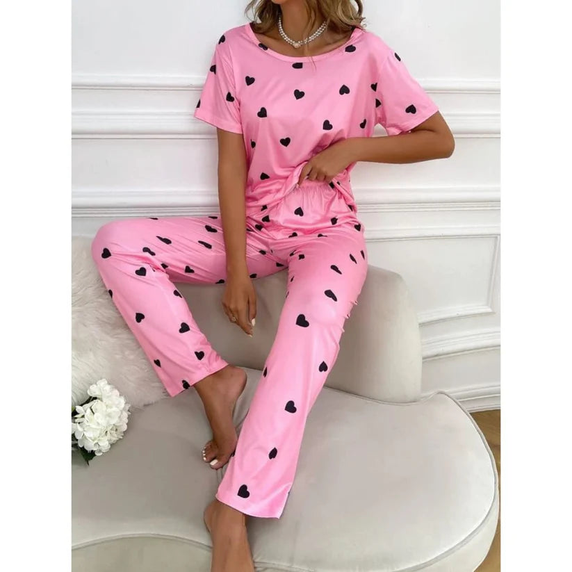 012 Pink With White Hearts Print Half sleeves T-shirt With Hearts Print Trouser