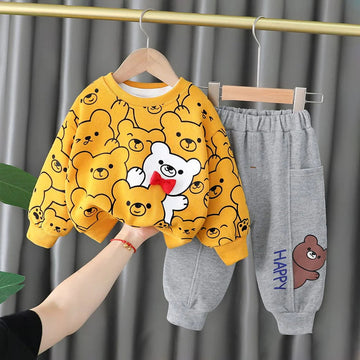 Yellow Bear Print Sweatshirt With Grey Trouser For Kids