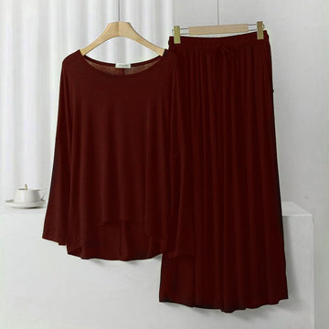 0021 Maroon Loose Frill Sleeves With Plazzo Trouser Night Suit