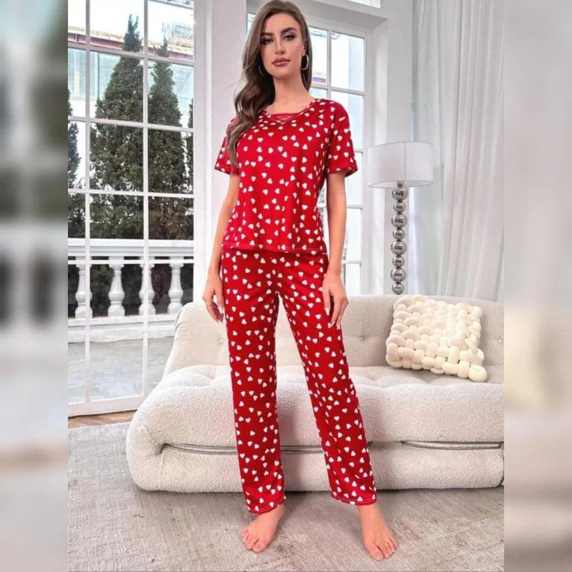 000011  Red With White Hearts Print Half Sleeves T-shirt With Hearts Printed Trouser