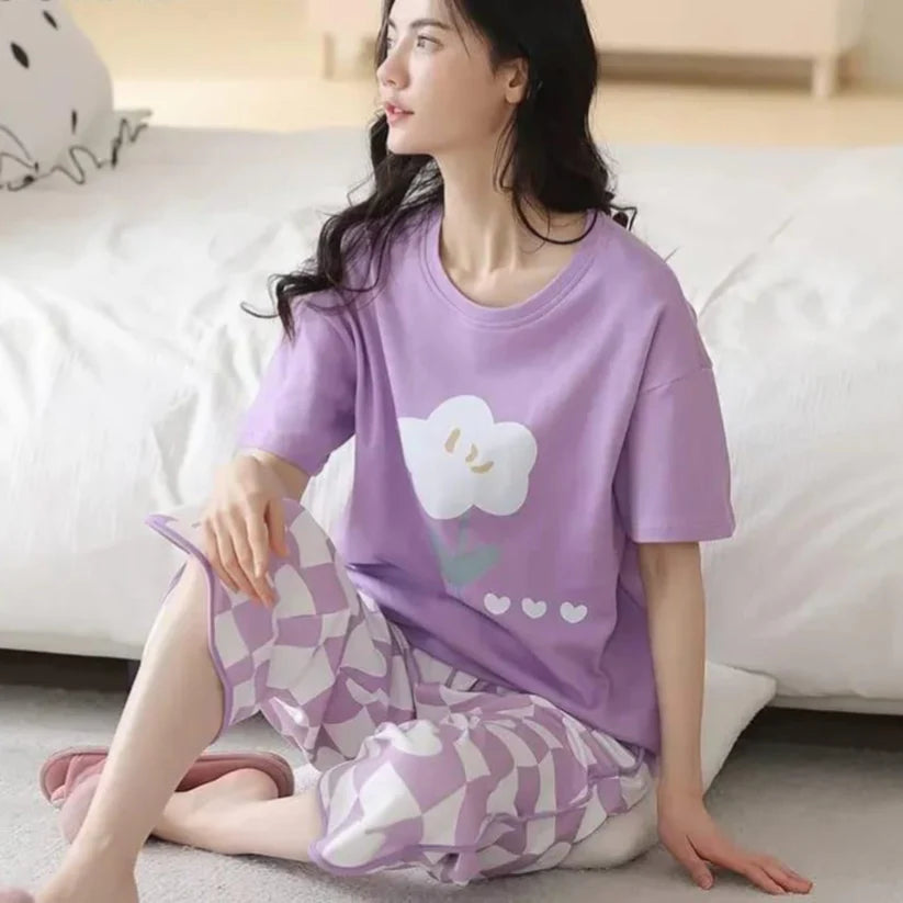 00013 Purple Flower Print Half Sleeves T-shirt With Printed Trouser