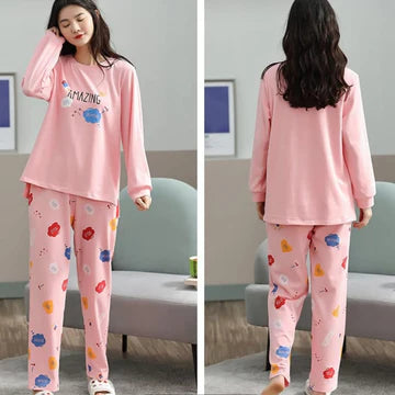 018 Pink Amazing Print Full Sleeves T-shirt With Printed Trouser