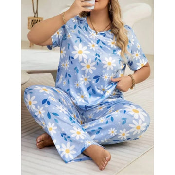 014 Blue Flowers Print Half Sleeves T-shirt With Flowers Print Trouser