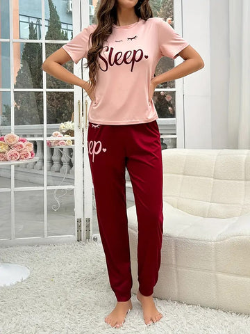 019 Pink Sleep Print half Sleeves T-shirt With Sleep Print Trouser