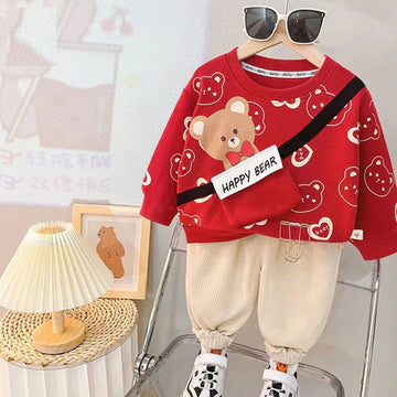 001 New Red Happy Bear Print Sweatshirt With Off-White Trouser For Kids