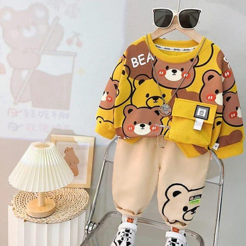 002 Yellow Bear Print Sweatshirt With White Printed Trouser For Kids