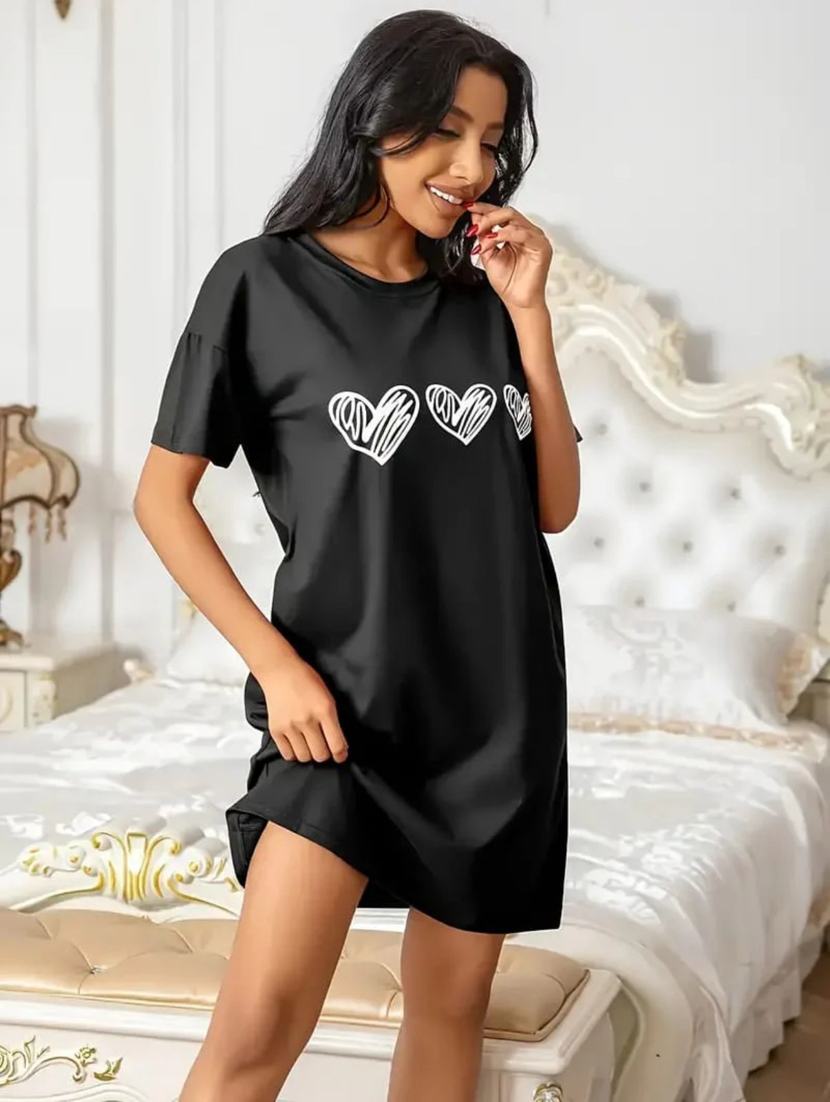 Black White Heart Print Long Shirt For Women