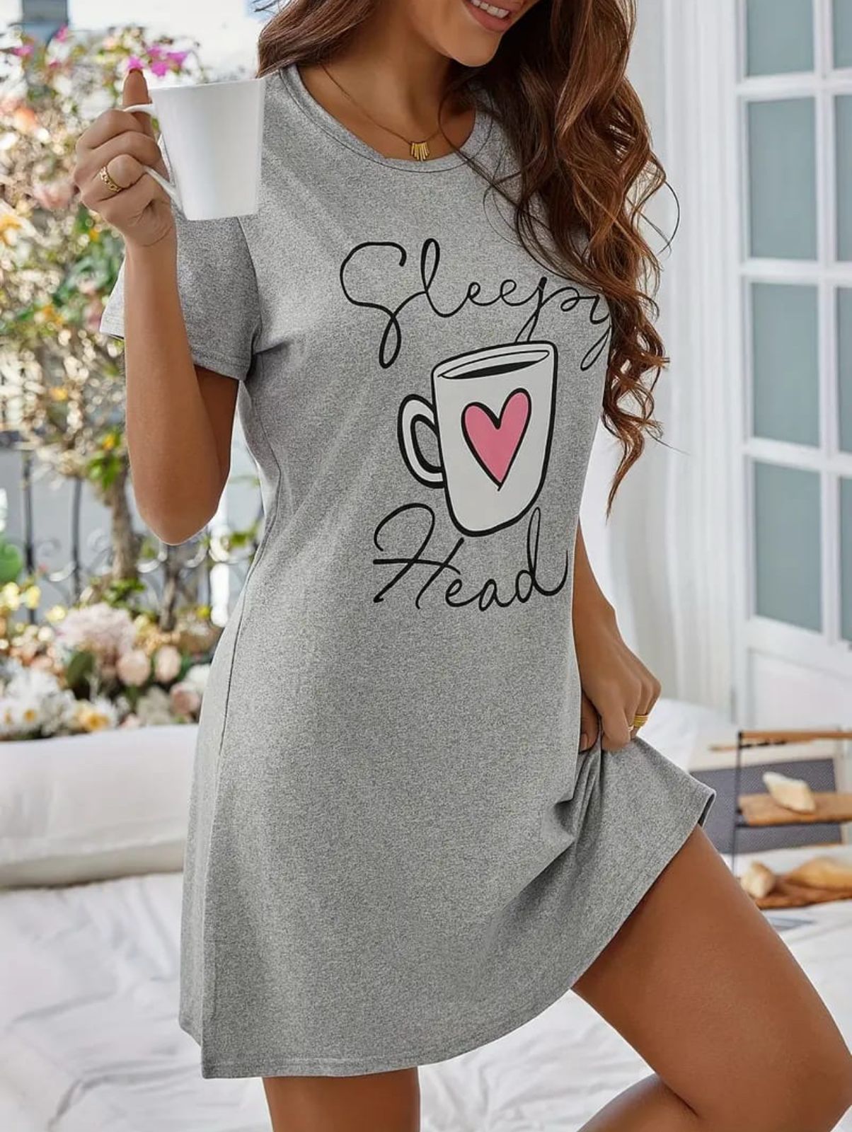 Grey With Sleepy Head Print Long Shirt For Women