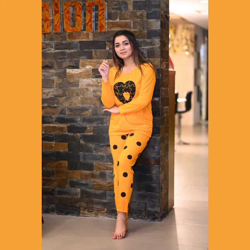 041 Yellow Black Heart Printed T.Shirt With Polka Dot Trouser