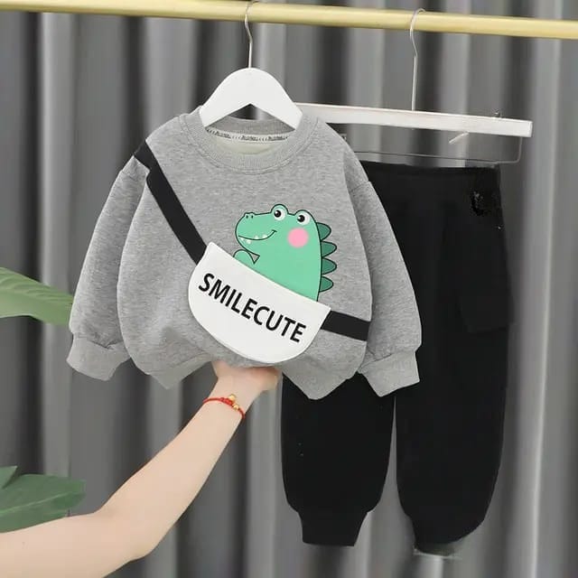 Grey Dragon Print Sweatshirt With Black Trouser For Kids