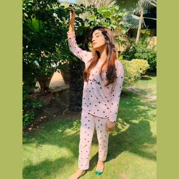 022 Pink Love Heart Print Full Sleeves With Same Print Trouser