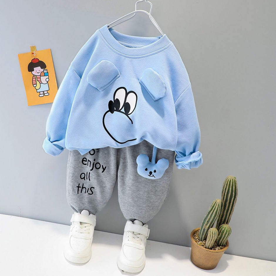 Blue Cute Eye Print Sweatshirt With Grey Trouser For Kids