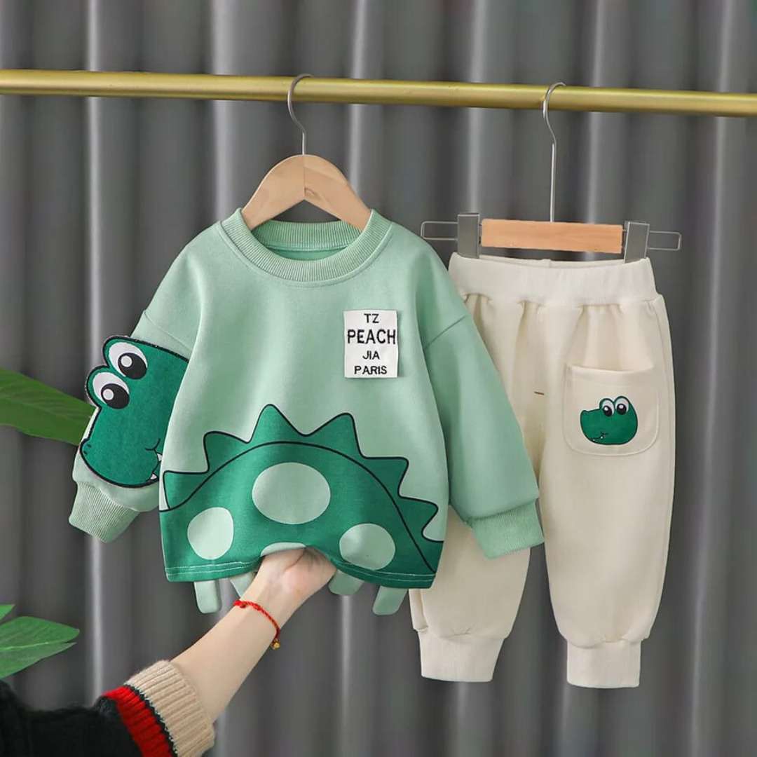 Green Dinosaur Print Sweatshirt With Off White Trouser For Kids