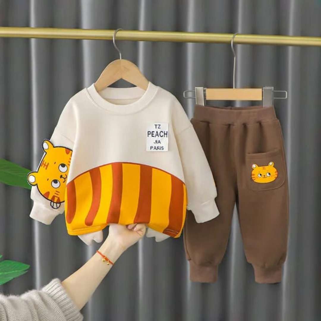 Off White Cute Cat Print Sweatshirt With Brown Trouser For Kids