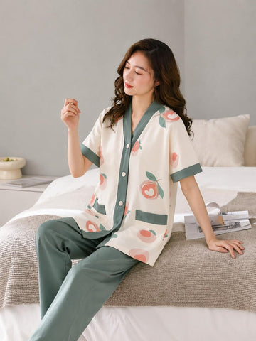 0000 Ivory Green Peach Printed Front Button Style For Her