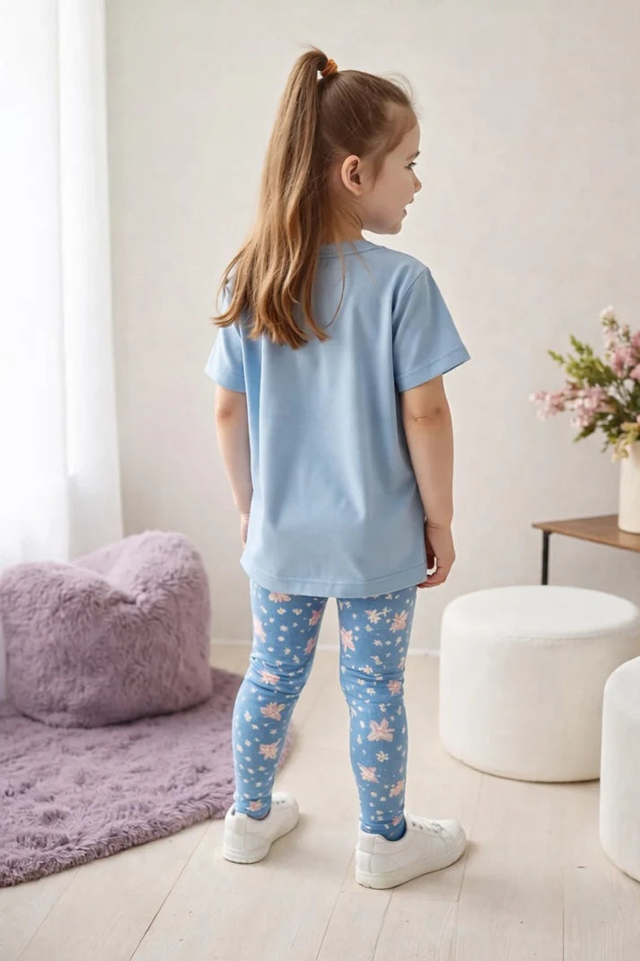 00001 Sky Blue Love In the Sunshine Printed Half Sleeves T-shirt with Flower Printed Pajama Kids Suits