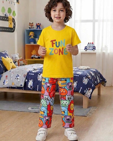 0000 Yellow Fun Zone Printed Half Sleeves T-shirt with Funkey Printed Pajama Kids Suits