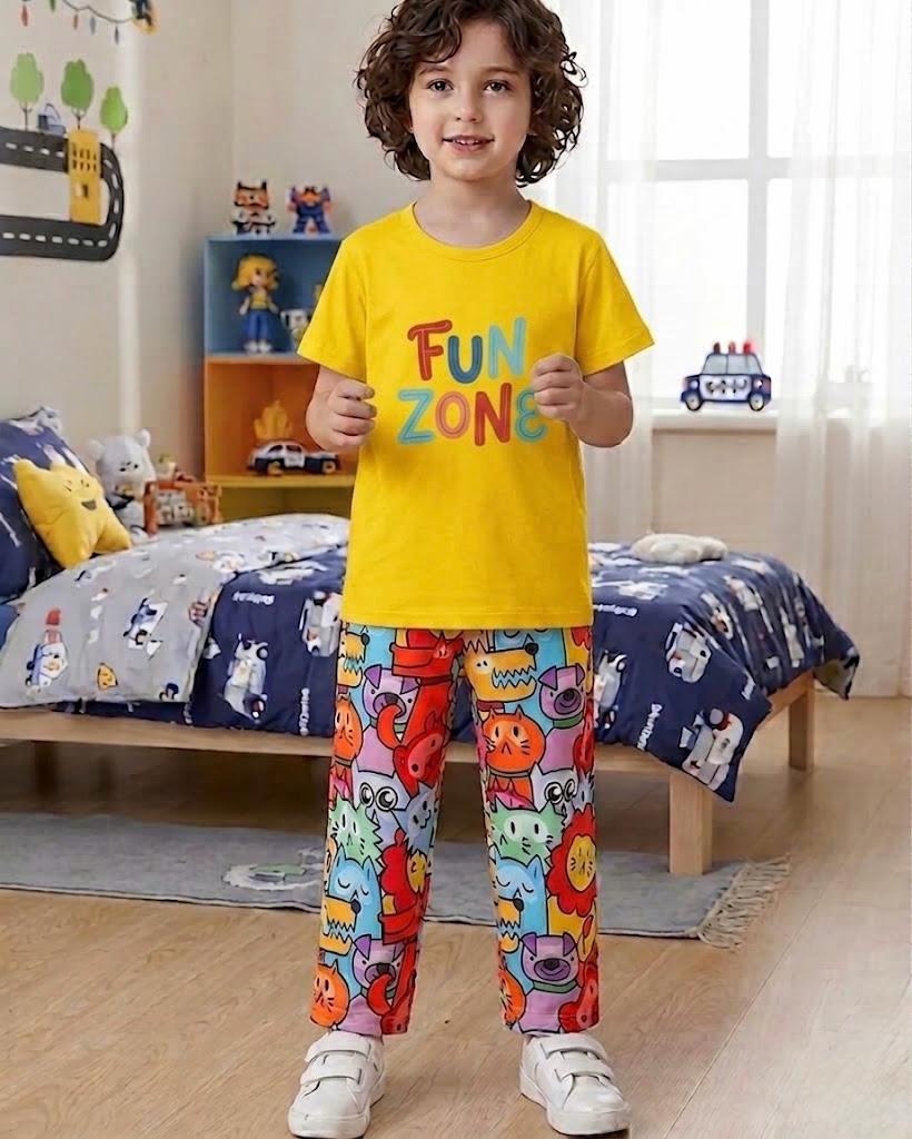 00000 A Yellow Fun Zone Printed Half Sleeves T-shirt with Funkey Printed Pajama Kids Suits