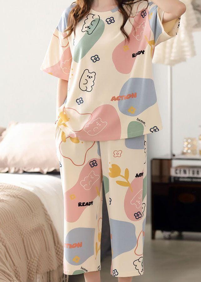 00001 Off White with Multi Bear Pattern Printed Half Sleeves T-shirt With Printed Pajama Suit