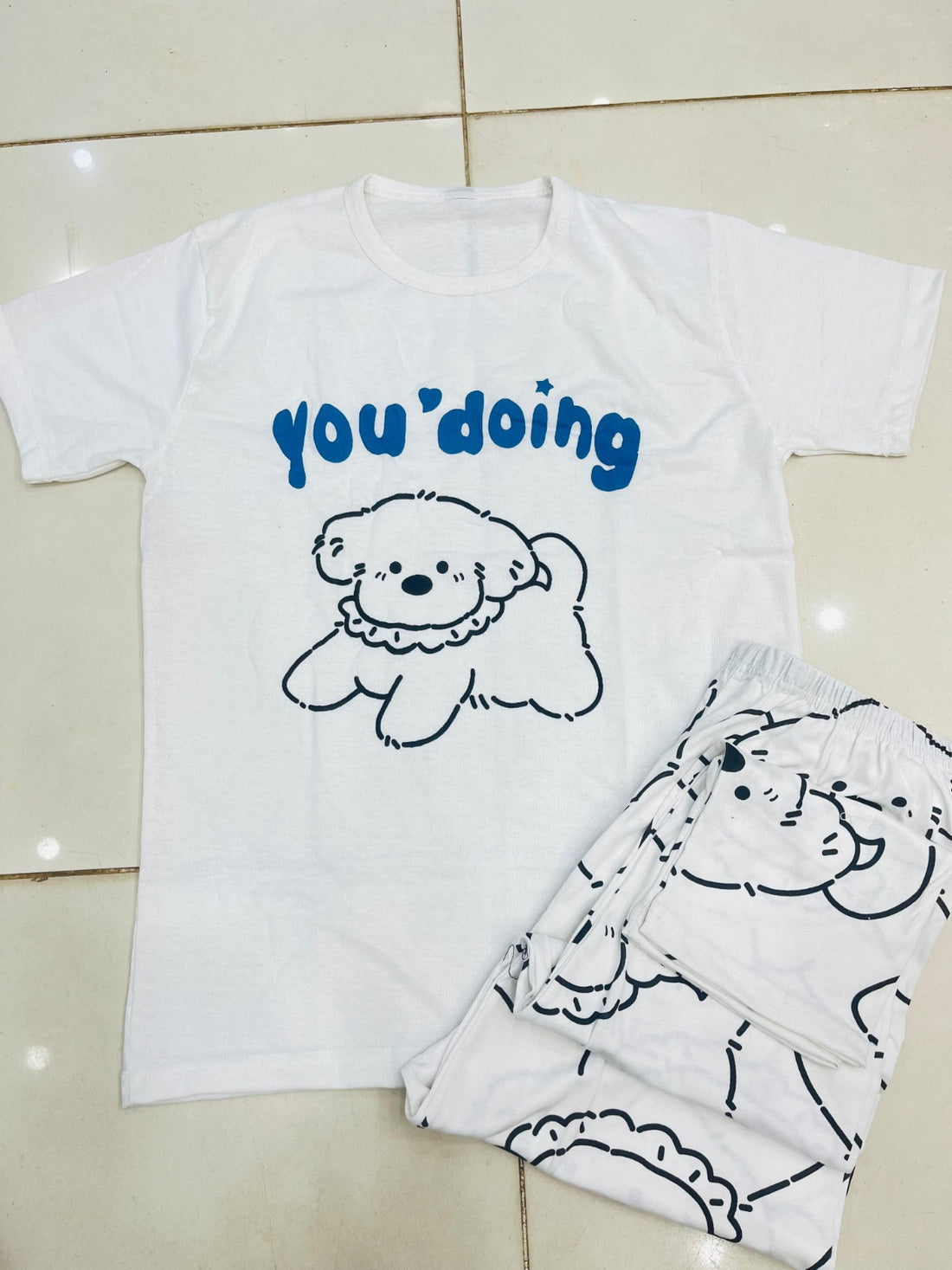 00001 White You Doing Dog Print Half Sleeves  T-ShirtWith Dog Printed Pajama Suit