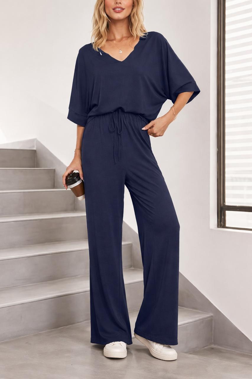0000 Navy Blue V-Neck Baggie Style Down Should Half Sleeves With Matching Plazzo Style Loose Trouser.