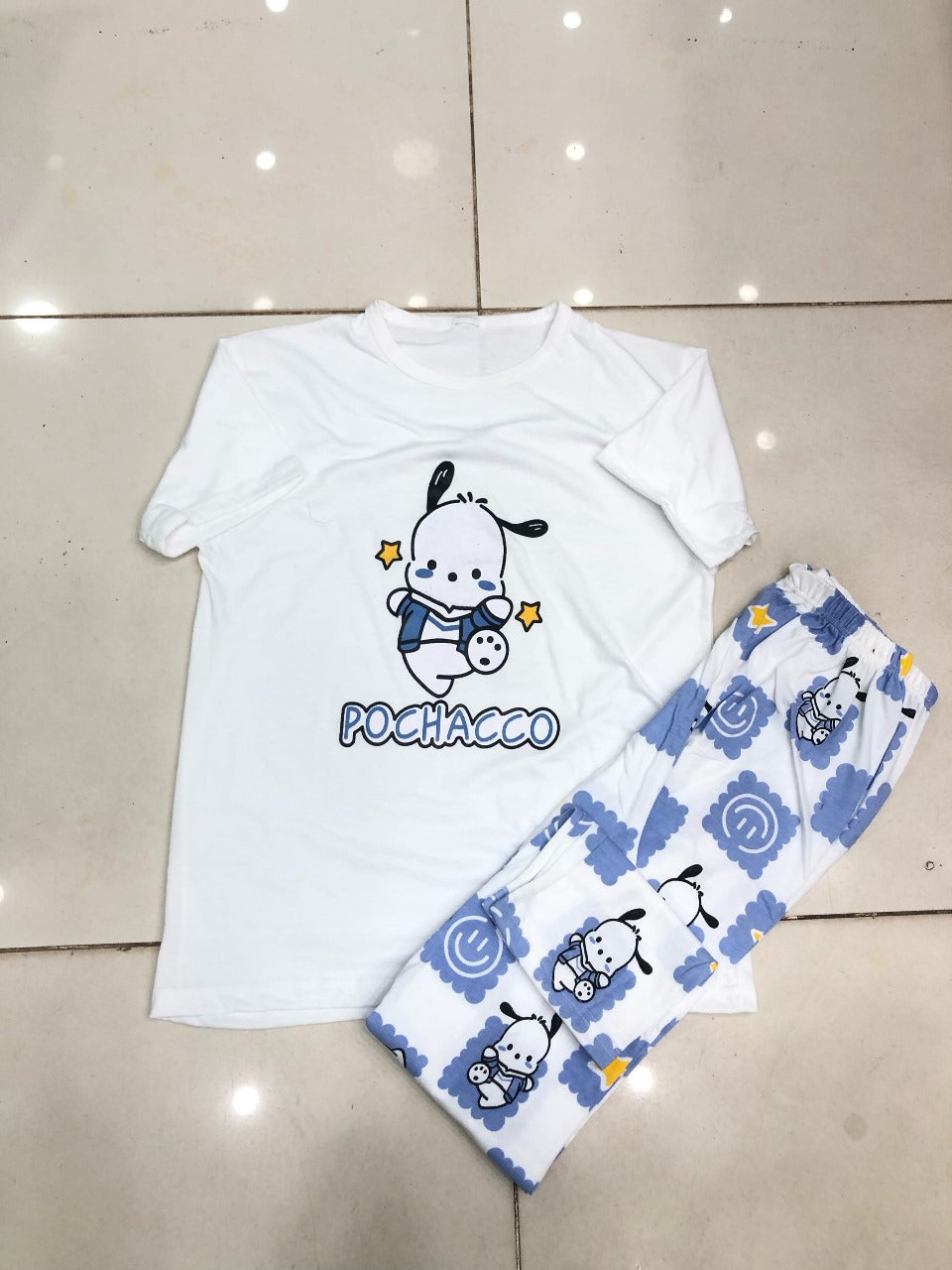 00001 White POCHACCO Print Half Sleeves With Printed Trouser