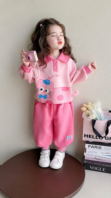 0000 Pink Cute Cat Sweatshirt With Pink Fleece Trouser