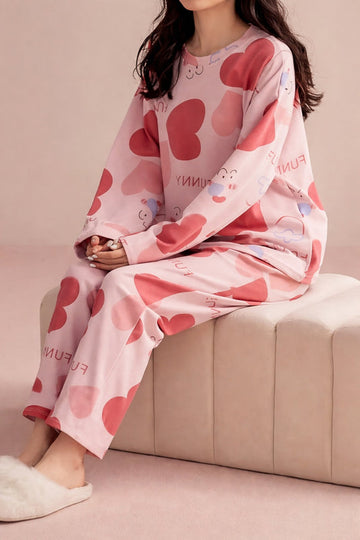 0000 Peach All over Heart Printed Half Sleeves T-shirt With Heart Printed Pajama Suit