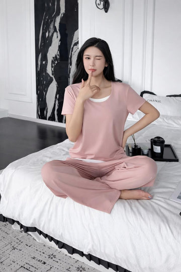 0000 Baby Pink White Neck Lace Half Sleeves With Matching Pajama night suit For Her