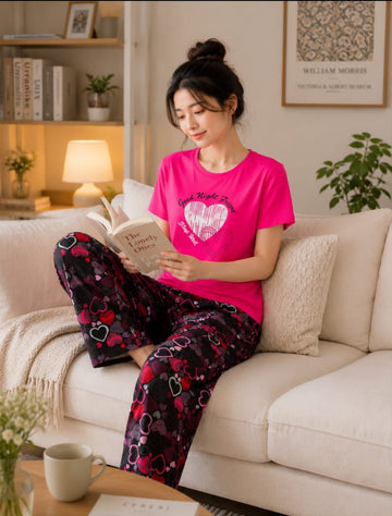 0000 Hot Pink Hearts Printed Half Sleeves T-shirt With Black Heart Printed Pajama Suit