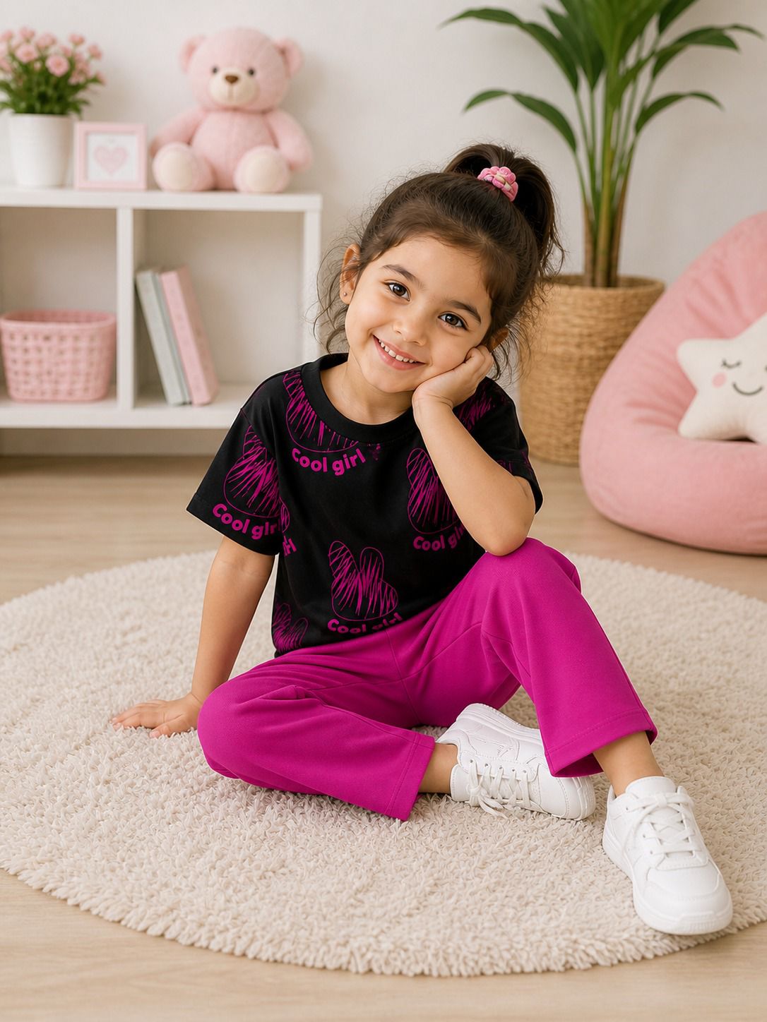 0000 Black Cool Girl Printed Half Sleeves T-shirt with Hot Pink Plain Pajama Kids Suits