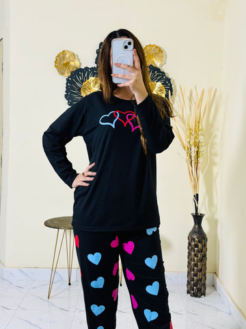 00000 Black Multi Hearts Print Full Sleeves Night Suit