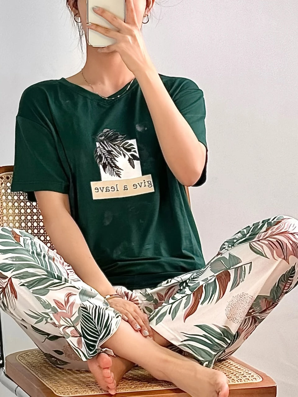 00001 Bottle Green Leaf Print Half Sleeves T-shirt With Printed Pajama Suit