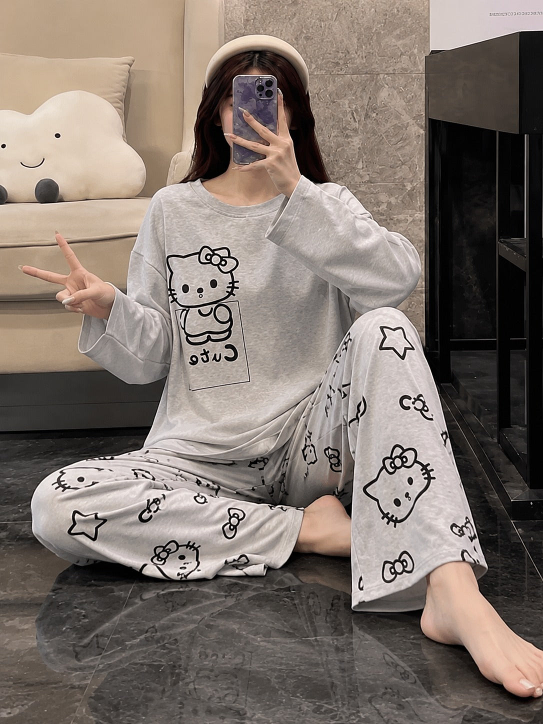 0000 Grey Kitty Printed Full Sleeves T-shirt With Kitty Printed Pajama Suit