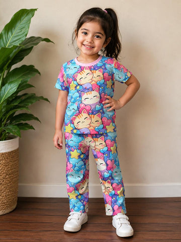 0000 All Over Cats Printed Half Sleeves T-shirt with Cats Printed Pajama Kids Suits (Polyester)