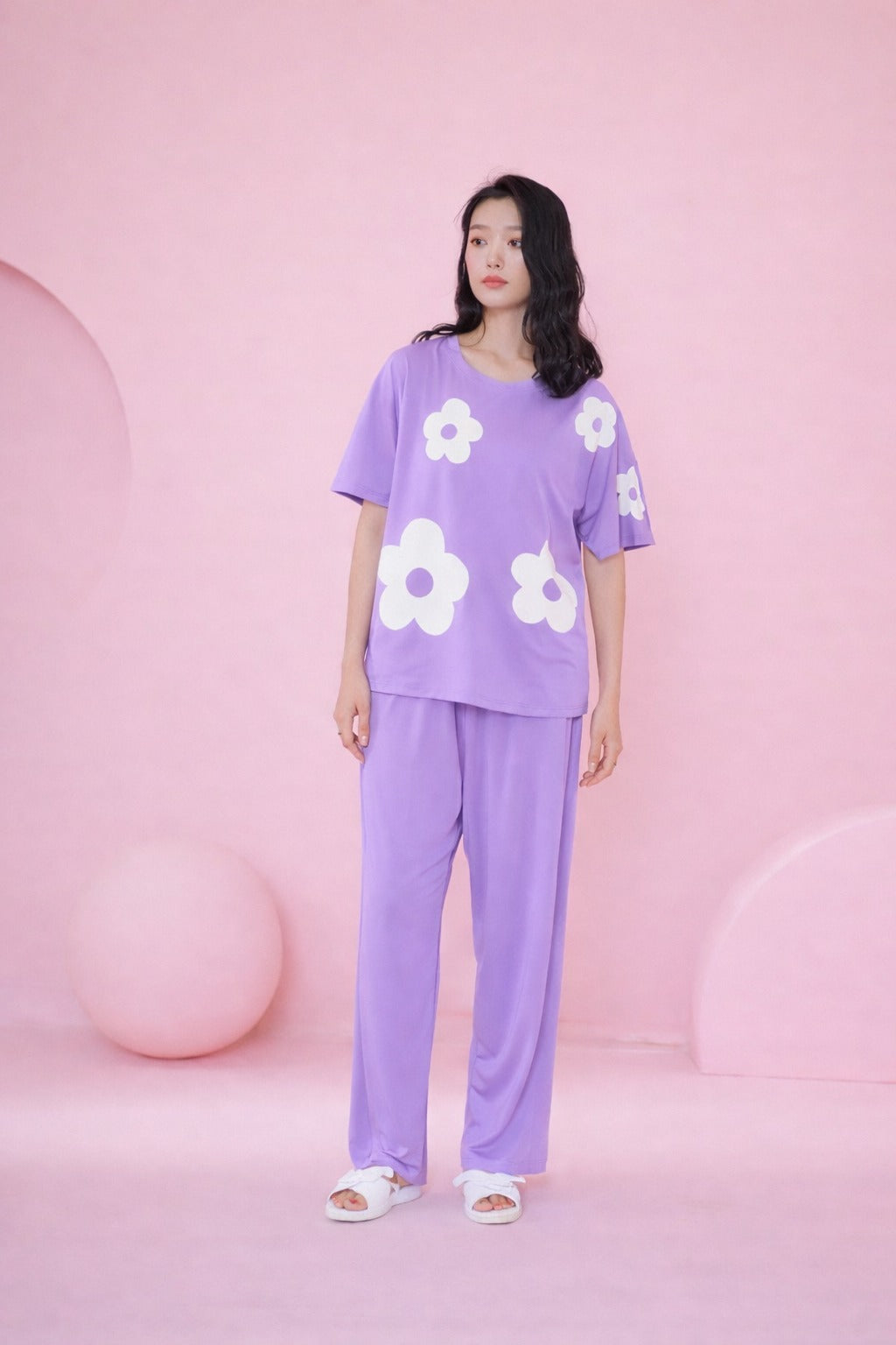 0000 Lilac White Heart Printed Half Sleeves T-shirt With Lilac Plain Pajama Suit
