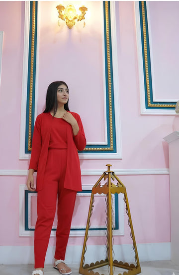 3Pcs Sleepwear (Sando Shrug Trouser) (Red)