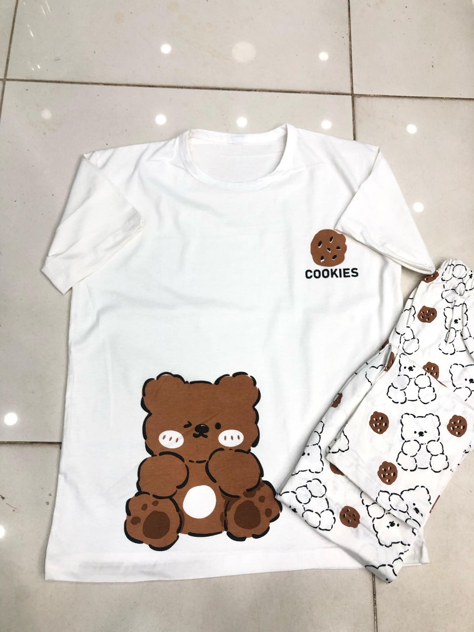 00001 White COOKIES BEAR Print Half Sleeves With Printed Trouser