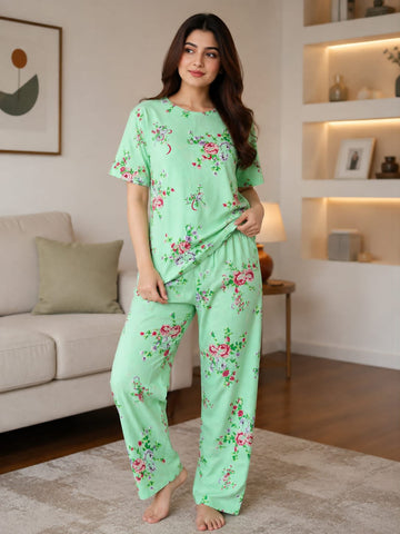 0000 Sea Green Floral Printed Half Sleeves T-shirt With Floral Printed Pajama Suit