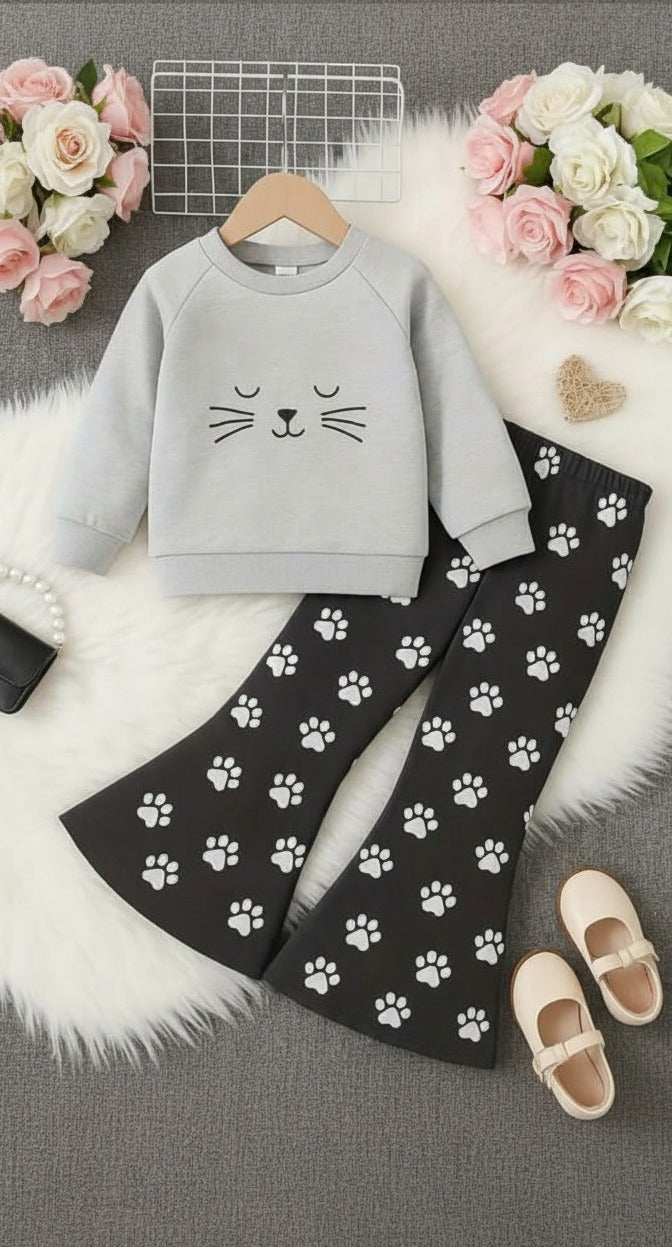 Grey Meow Printed Sweatshirt With Black Cat Foot Printed Fleece Trouser Tracksuit For Kids