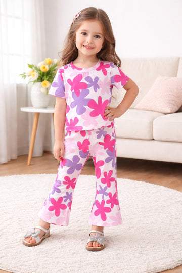 00000 Offwhite Multi Flower Printed Half Sleeves T-shirt with Flower Digital Printed Pajama Kids Suits
