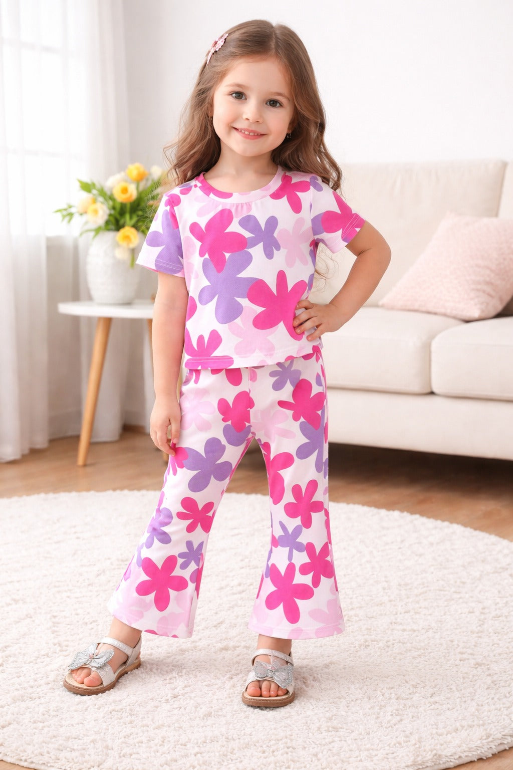 00000 Offwhite Multi Flower Printed Half Sleeves T-shirt with Flower Digital Printed Pajama Kids Suits