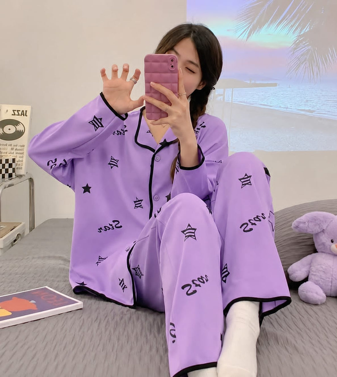 0000 Purple All Over Stars Printed Front Button Style For Her