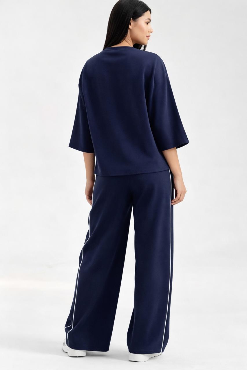 0000 Navy Blue Round Neck Front White Pipin Half Sleeves With Matching Plazzo Style White Pipin Loose Trouser