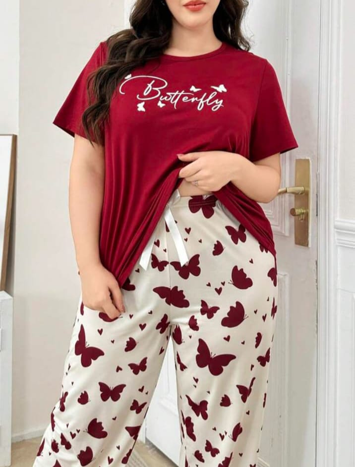00001 Maroon Butterfly Printed Half Sleeves T-shirt With Butterfly Printed Pajama Suit